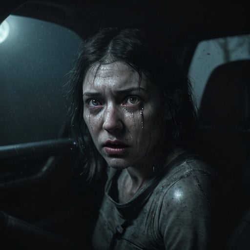 Prompt: An interior shot captures a woman inside her car through a dark hurricane night in 1989, scared, with tears streaming down her face, and the hand of a gray alien outside of the window, set on a lonely road, illuminated only by her car's headlights, creepy, horror film, with moonlight, photorealistic photo, 8k, hyperrealism, hyperrealistic, unreal engine render, highly detailed, ultra-realistic, octane render, horror film look, hyperrealistic and cinematic, atmospheric light, hyper detail, front view, dramatic shot, octane render, 4k, photo, wide shot, great detail, horror mood, cinematic look, Horror film, horror mood, horror look, Interior wide shot, night light, cinematic lighting, very detailed, hyper-realistic, hyperreal, anti-aliasing, intricate details, maximum detail, ultra-detailed, volumetric lighting, soft lighting 8k, HDR, ultra-detailed.