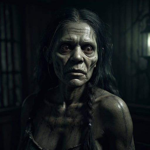 Prompt: A creepy Taino skull zombie old woman from the sixteenth century in an old haunted house at night, creepy, Horror film, moonlight, photorealistic photo, 8k, hyperrealism, hyperrealistic, unreal engine render, highly detailed, ultra-realistic, octane render, horror film look, hyperrealistic and cinematic, atmospheric light, hyper detail, front view, dramatic shot, octane render, 4k, photo, wide shot, great detail, horror mood, cinematic look, Horror film, horror mood, horror look, Interior wide shot, night light, cinematic lighting, very detailed, hyper-realistic, hyperreal, anti-aliasing, intricate details, maximum detail, ultra-detailed, volumetric lighting, soft lighting 8k, HDR, ultra-detailed.