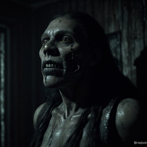 Prompt: A creepy Taino skull zombie angry man from the sixteenth century in an old haunted house at night, creepy, Horror film, moonlight, photorealistic photo, 8k, hyperrealism, hyperrealistic, unreal engine render, highly detailed, ultra-realistic, octane render, horror film look, hyperrealistic and cinematic, atmospheric light, hyper detail, front view, dramatic shot, octane render, 4k, photo, wide shot, great detail, horror mood, cinematic look, Horror film, horror mood, horror look, Interior wide shot, night light, cinematic lighting, very detailed, hyper-realistic, hyperreal, anti-aliasing, intricate details, maximum detail, ultra-detailed, volumetric lighting, soft lighting 8k, HDR, ultra-detailed.