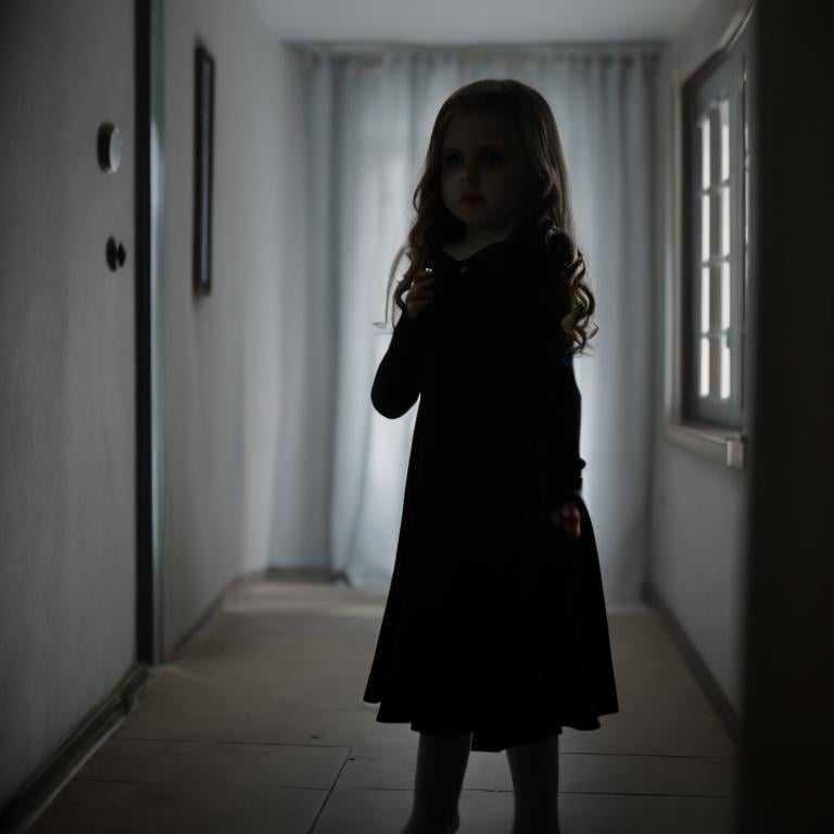 Prompt: A Shadowy ghost of a terrifying girl in the corner of a dark bedroom at night, 4k, photo, high detail, horror mood.