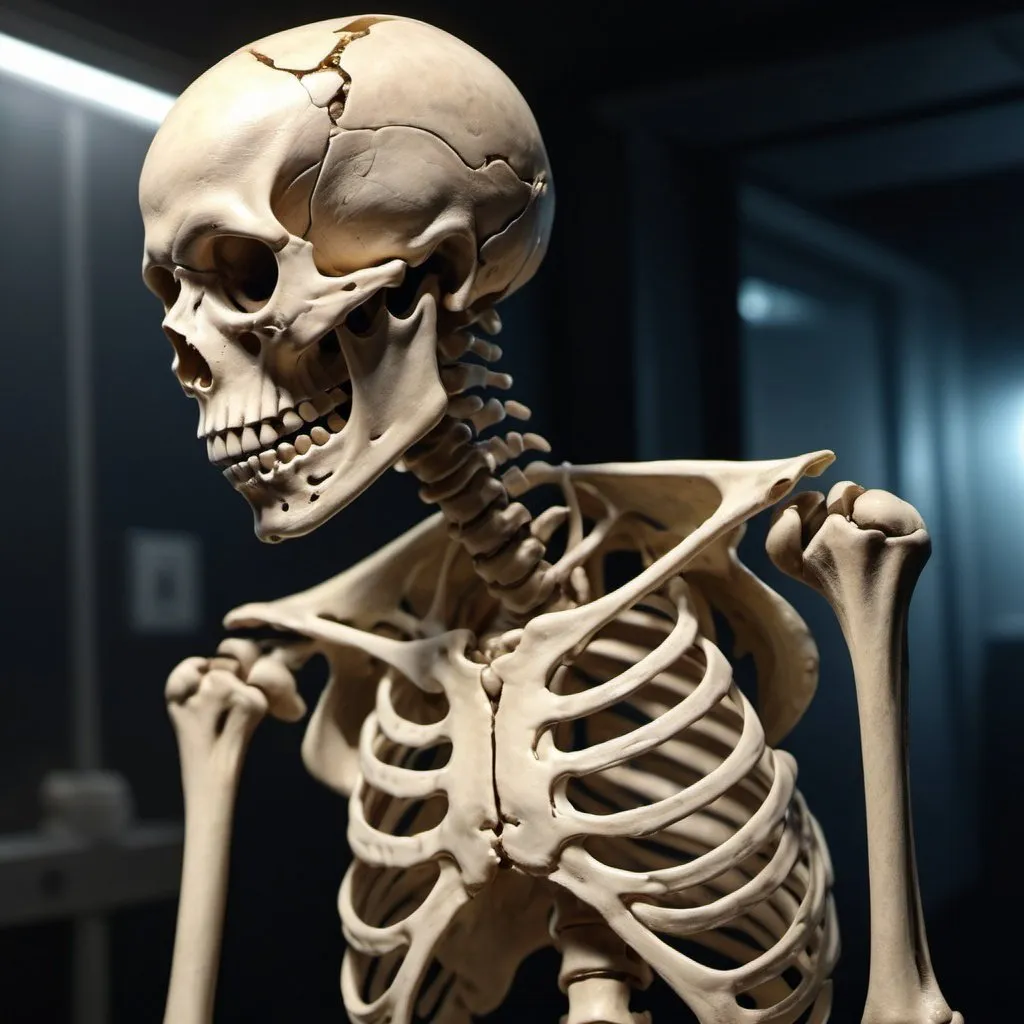 Prompt: A skeleton wrap in plastic, 4k, photo, full shot, great detail, horror mood, cinematic look, Horror film, horror mood, horror look, Interior wide shot, night light, cinematic lighting, very detailed, hyper-realistic, hyperreal, anti-aliasing, intricate details, maximum detail, ultra-detailed, volumetric lighting, soft lighting 8k, HDR, ultra-detailed photography.