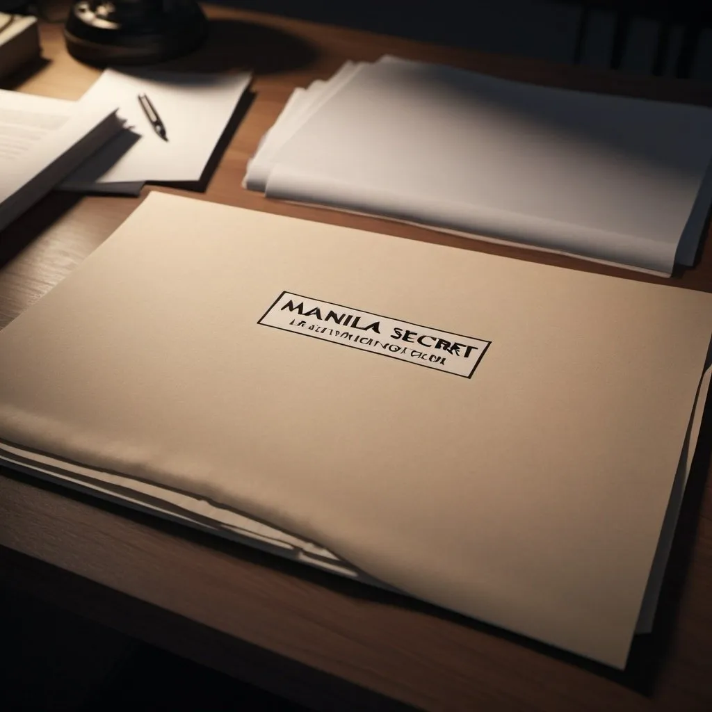 Prompt: A top-view of a top-secret Manila file folder, 1/3 Cut, Letter Size, of an investigation on a desk, horror films, with moonlight, photorealistic photo, 8k, hyperrealism, hyperrealistic, unreal engine render, highly detailed, ultra-realistic, octane render, horror film look, hyperrealistic and cinematic, atmospheric light, hyper detail, front view, dramatic shot, octane render, 4k, photo, wide shot, great detail, horror mood, cinematic look, Horror film, horror mood, horror look, Interior wide shot, night light, cinematic lighting, very detailed, hyper-realistic, hyperreal, anti-aliasing, intricate details, maximum detail, ultra-detailed, volumetric lighting, soft lighting 8k, HDR, ultra-detailed.