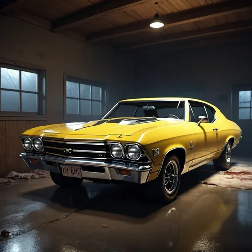 Prompt: Interior shot of a yellow 1968 Chevrolet Chevelle, horror film, with moonlight, photorealistic photo, 8k, hyperrealism, hyperrealistic, unreal engine render, highly detailed, ultra-realistic, octane render, horror film look, hyperrealistic and cinematic, atmospheric light, hyper detail, front view, dramatic shot, octane render, 4k, photo, wide shot, great detail, horror mood, cinematic look, Horror film, horror mood, horror look, Interior wide shot, night light, cinematic lighting, very detailed, hyper-realistic, hyperreal, anti-aliasing, intricate details, maximum detail, ultra-detailed, volumetric lighting, soft lighting 8k, HDR, ultra-detailed.