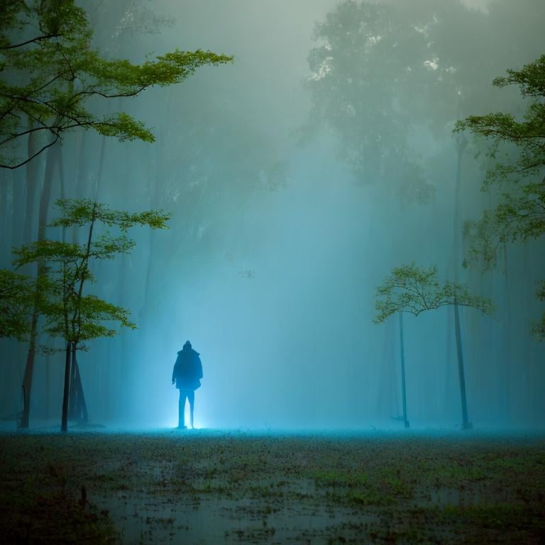 Prompt: high-detail digital painting of a lost soul ghost glowing cyan in a misty swamp from far away. glowing smoke rising. hyperrealistic