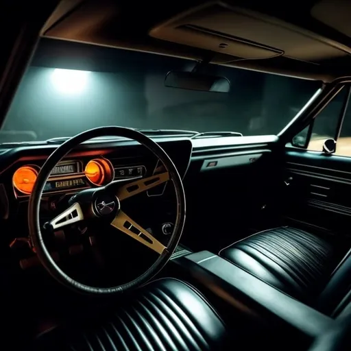 Prompt: Interior shot of a yellow 1968 Chevrolet Chevelle, horror film, with moonlight, photorealistic photo, 8k, hyperrealism, hyperrealistic, unreal engine render, highly detailed, ultra-realistic, octane render, horror film look, hyperrealistic and cinematic, atmospheric light, hyper detail, front view, dramatic shot, octane render, 4k, photo, wide shot, great detail, horror mood, cinematic look, Horror film, horror mood, horror look, Interior wide shot, night light, cinematic lighting, very detailed, hyper-realistic, hyperreal, anti-aliasing, intricate details, maximum detail, ultra-detailed, volumetric lighting, soft lighting 8k, HDR, ultra-detailed.