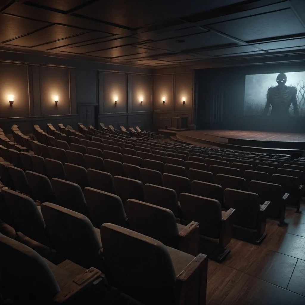 Prompt: College auditorium, horror films, photorealistic photo, 8k, hyperrealism, hyperrealistic, unreal engine render, highly detailed, ultra-realistic, octane render, horror film look, hyperrealistic and cinematic, atmospheric light, hyper detail, front view, dramatic shot, octane render, 4k, photo, wide shot, great detail, horror mood, cinematic look, Horror film, horror mood, horror look, Interior wide shot, night light, cinematic lighting, very detailed, hyper-realistic, hyperreal, anti-aliasing, intricate details, maximum detail, ultra-detailed, volumetric lighting, soft lighting 8k, HDR, ultra-detailed.