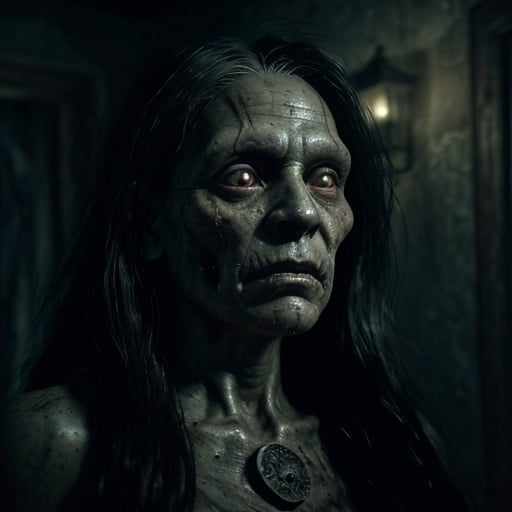 Prompt: A creepy Taino skull zombie old woman from the sixteenth century in an old haunted house at night, creepy, Horror film, moonlight, photorealistic photo, 8k, hyperrealism, hyperrealistic, unreal engine render, highly detailed, ultra-realistic, octane render, horror film look, hyperrealistic and cinematic, atmospheric light, hyper detail, front view, dramatic shot, octane render, 4k, photo, wide shot, great detail, horror mood, cinematic look, Horror film, horror mood, horror look, Interior wide shot, night light, cinematic lighting, very detailed, hyper-realistic, hyperreal, anti-aliasing, intricate details, maximum detail, ultra-detailed, volumetric lighting, soft lighting 8k, HDR, ultra-detailed.