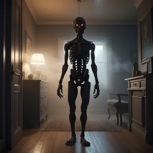 Prompt: A humanoid entity composed of dense smoke or mist, with a dark, amorphous silhouette, small bright eyes like those of an animal in a living room at night, and fluid movement that leaves a fleeting trail of smoke while generating a light fog around it, photorealistic photo, 8k, character design, hyperrealistic, unreal engine render, highly detailed, ultra-realistic, octane render, horror film look, hyperrealistic and cinematic, atmospheric light, hyper detail, front view, dramatic shot, octane render, 4k, photo, wide shot, great detail, horror mood, cinematic look, Horror film, horror mood, horror look, Interior wide shot, night light, cinematic lighting, very detailed, hyper-realistic, hyperreal, anti-aliasing, Wide Shot.