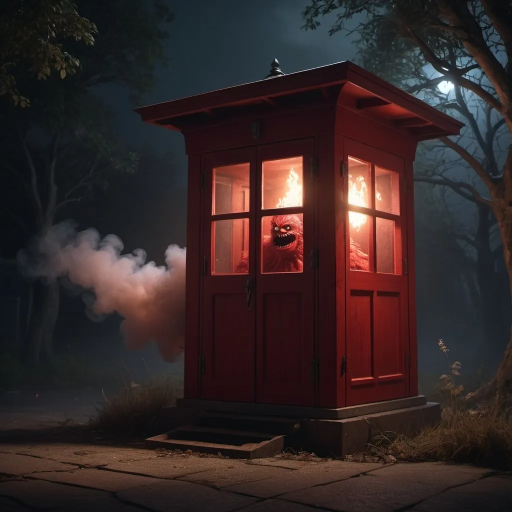Prompt: A red monster in a sentry box at night, and fluid movement that leaves a fleeting trail of smoke while generating a light fog around it, photorealistic photo, 8k, character design, hyperrealistic, unreal engine render, highly detailed, ultra-realistic, octane render, horror film look, hyperrealistic and cinematic, atmospheric light, hyper detail, front view, dramatic shot, octane render, 4k, photo, wide shot, great detail, horror mood, cinematic look, Horror film, horror mood, horror look, Interior wide shot, night light, cinematic lighting, very detailed, hyper-realistic, hyperreal, anti-aliasing, Wide Shot.