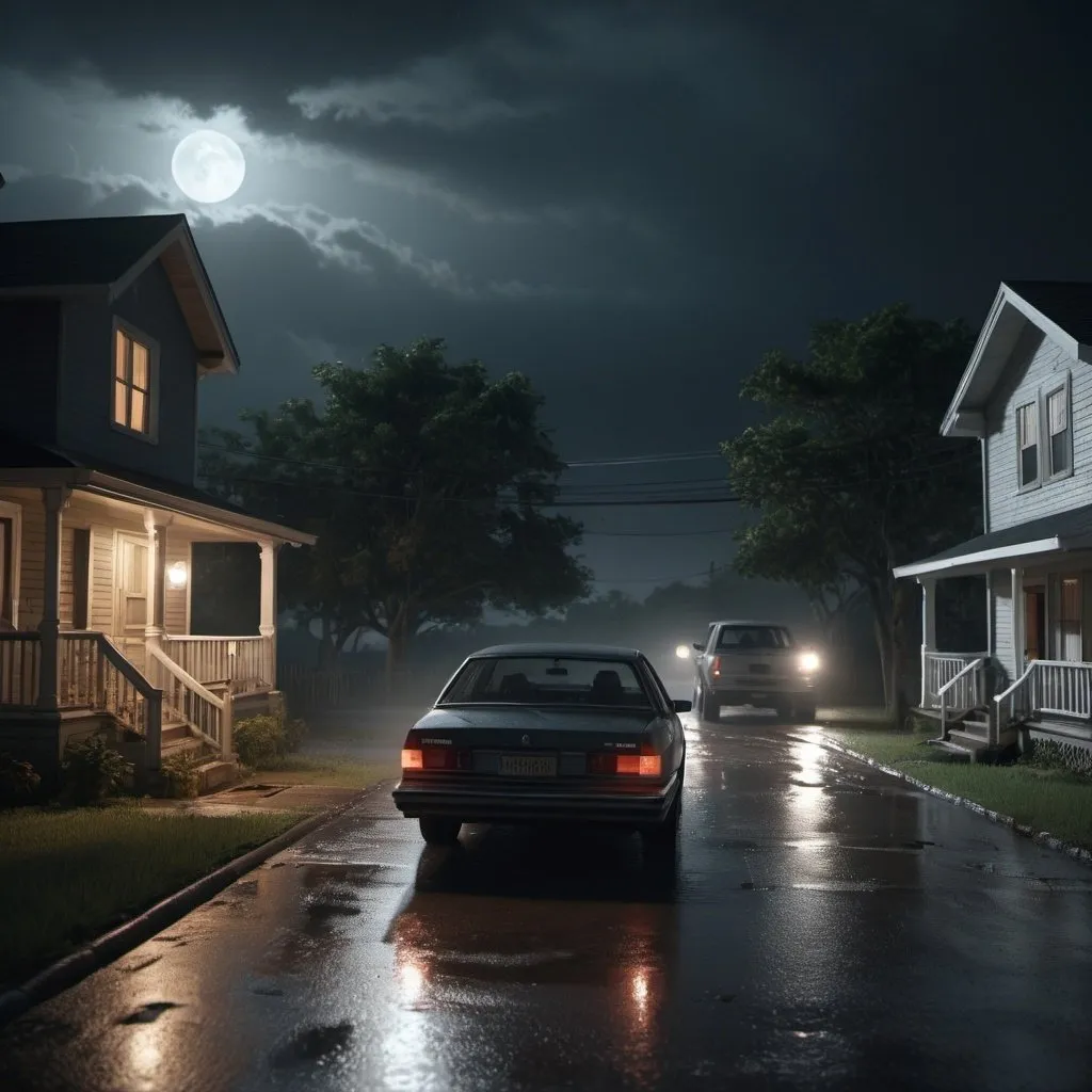 Prompt: A bird's-eye view shows a woman sprinting from her home to her car during a hurricane at night in 1989, creepy, horror film, with moonlight, photorealistic photo, 8k, hyperrealism, hyperrealistic, unreal engine render, highly detailed, ultra-realistic, octane render, horror film look, hyperrealistic and cinematic, atmospheric light, hyper detail, front view, dramatic shot, octane render, 4k, photo, wide shot, great detail, horror mood, cinematic look, Horror film, horror mood, horror look, Interior wide shot, night light, cinematic lighting, very detailed, hyper-realistic, hyperreal, anti-aliasing, intricate details, maximum detail, ultra-detailed, volumetric lighting, soft lighting 8k, HDR, ultra-detailed.