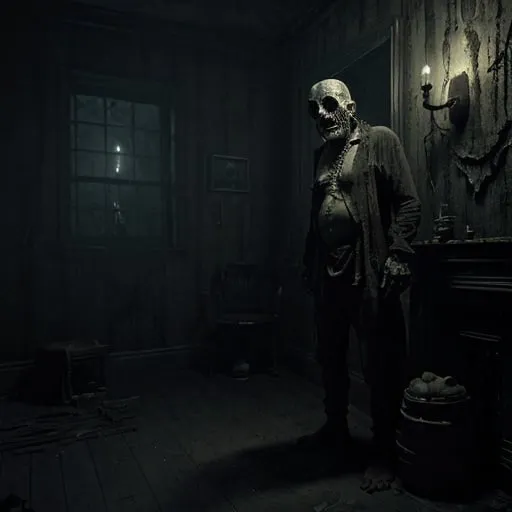 Prompt: A hyperrealistic, 8k, photorealistic render of a creepy Taino skull zombie old man from the sixteenth century, situated in an old haunted house at night. The scene is reminiscent of a horror film, bathed in eerie moonlight, and rendered with Unreal Engine and Octane for a highly detailed, cinematic effect. The front view, wide shot captures the horror mood with atmospheric lighting and intricate details. This ultra-realistic image features dramatic, soft, volumetric lighting, HDR, and anti-aliasing, creating an immersive, spine-chilling atmosphere with maximum detail and a highly detailed, cinematic look.