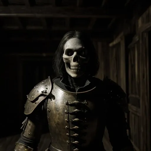 Prompt: A Spanish conquistador man skull zombie dressed in 1400s Spanish conquistador armor inside a wooden house at night, creepy, Horror film, moonlight, photorealistic photo, 8k, hyperrealism, hyperrealistic, unreal engine render, highly detailed, ultra-realistic, octane render, horror film look, hyperrealistic and cinematic, atmospheric light, hyper detail, front view, dramatic shot, octane render, 4k, photo, wide shot, great detail, horror mood, cinematic look, Horror film, horror mood, horror look, Interior wide shot, night light, cinematic lighting, very detailed, hyper-realistic, hyperreal, anti-aliasing, intricate details, maximum detail, ultra-detailed, volumetric lighting, soft lighting 8k, HDR, ultra-detailed.