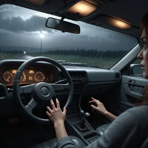 Prompt: A woman in the interior of a car see the hand of a gray extraterrestrial caressing the glass through a dark storm night in 1989, afraid, placed on a lonely road, illuminated only by her automobile's headlights, creepy, horror film, with moonlight, photorealistic photo, 8k, hyperrealism, hyperrealistic, unreal engine render, highly detailed, ultra-realistic, octane render, horror film look, hyperrealistic and cinematic, atmospheric light, hyper detail, front view, dramatic shot, octane render, 4k, photo, wide shot, great detail, horror mood, cinematic look, Horror film, horror mood, horror look, Interior wide shot, night light, cinematic lighting, very detailed, hyper-realistic, hyperreal, anti-aliasing, intricate details, maximum detail, ultra-detailed, volumetric lighting, soft lighting 8k, HDR, ultra-detailed.