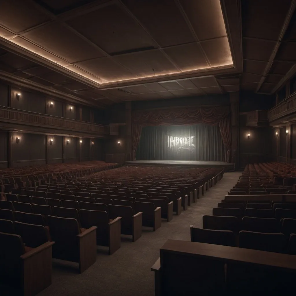 Prompt: College auditorium, horror films, photorealistic photo, 8k, hyperrealism, hyperrealistic, unreal engine render, highly detailed, ultra-realistic, octane render, horror film look, hyperrealistic and cinematic, atmospheric light, hyper detail, front view, dramatic shot, octane render, 4k, photo, wide shot, great detail, horror mood, cinematic look, Horror film, horror mood, horror look, Interior wide shot, night light, cinematic lighting, very detailed, hyper-realistic, hyperreal, anti-aliasing, intricate details, maximum detail, ultra-detailed, volumetric lighting, soft lighting 8k, HDR, ultra-detailed.