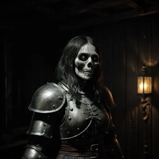 Prompt: A spanish conquistador skull zombie dressed in a 1400s spanish conquistador armor inside a wooden house at night, creepy, Horror film, moonlight, photorealistic photo, 8k, hyperrealism, hyperrealistic, unreal engine render, highly detailed, ultra-realistic, octane render, horror film look, hyperrealistic and cinematic, atmospheric light, hyper detail, front view, dramatic shot, octane render, 4k, photo, wide shot, great detail, horror mood, cinematic look, Horror film, horror mood, horror look, Interior wide shot, night light, cinematic lighting, very detailed, hyper-realistic, hyperreal, anti-aliasing, intricate details, maximum detail, ultra-detailed, volumetric lighting, soft lighting 8k, HDR, ultra-detailed.