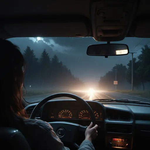 Prompt: A full exterior shot captures a woman driving through a stormy night in 1989, tears streaming down her face. The scene is set on a desolate road, illuminated only by her car's headlights and the ominous glow of a UFO hovering in the sky above., creepy, Horror film, moonlight, photorealistic photo, 8k, hyperrealism, hyperrealistic, unreal engine render, highly detailed, ultra-realistic, octane render, horror film look, hyperrealistic and cinematic, atmospheric light, hyper detail, front view, dramatic shot, octane render, 4k, photo, wide shot, great detail, horror mood, cinematic look, Horror film, horror mood, horror look, Interior wide shot, night light, cinematic lighting, very detailed, hyper-realistic, hyperreal, anti-aliasing, intricate details, maximum detail, ultra-detailed, volumetric lighting, soft lighting 8k, HDR, ultra-detailed.