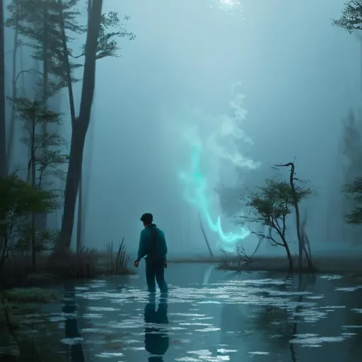 Prompt: high-detail digital painting of a lost soul glowing cyan in a misty swamp from far away. glowing smoke rising. hyperrealistic
