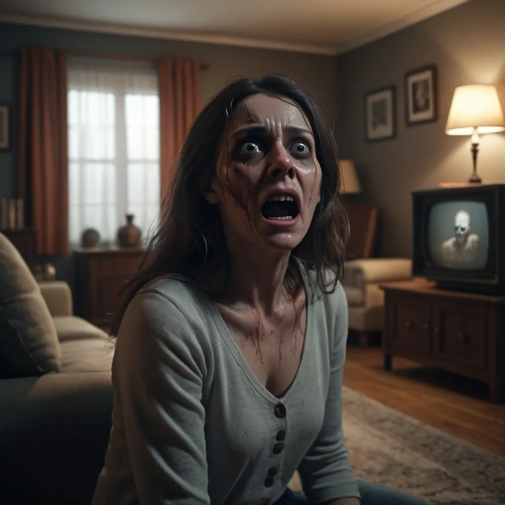 Prompt: A scared woman in her 30s in her living room experiencing a poltegeist in 1974, photorealistic photo, 8k, character design, hyperrealistic, unreal engine render, highly detailed, ultra-realistic, octane render, horror film look, hyperrealistic and cinematic, atmospheric light, hyper detail, front view, dramatic shot, octane render, 4k, photo, wide shot, great detail, horror mood, cinematic look, Horror film, horror mood, horror look, Interior wide shot, night light, cinematic lighting, very detailed, hyper-realistic, hyperreal, anti-aliasing, Wide Shot.