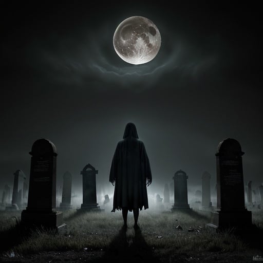 Prompt: Generate a hyper-realistic image depicting a terrifying scene in an old, decrepit cemetery at midnight. The moon casts eerie shadows over the weathered tombstones as thick fog blankets the ground. In the foreground, a lone figure cloaked in tattered robes stands with a twisted grin, its eyes glowing with an otherworldly light. Behind the figure, spectral hands emerge from the ground, reaching toward the sky with claw-like fingers. The atmosphere is filled with an overwhelming sense of dread and impending doom. Capture the chilling essence of this scene with intricate detail and haunting realism.