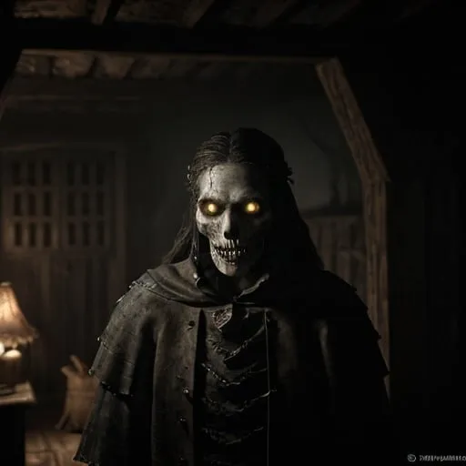 Prompt: A spanish conquistador skull zombie dressed in a 1400s spanish conquistador armor inside a wooden house at night, creepy, Horror film, moonlight, photorealistic photo, 8k, hyperrealism, hyperrealistic, unreal engine render, highly detailed, ultra-realistic, octane render, horror film look, hyperrealistic and cinematic, atmospheric light, hyper detail, front view, dramatic shot, octane render, 4k, photo, wide shot, great detail, horror mood, cinematic look, Horror film, horror mood, horror look, Interior wide shot, night light, cinematic lighting, very detailed, hyper-realistic, hyperreal, anti-aliasing, intricate details, maximum detail, ultra-detailed, volumetric lighting, soft lighting 8k, HDR, ultra-detailed.