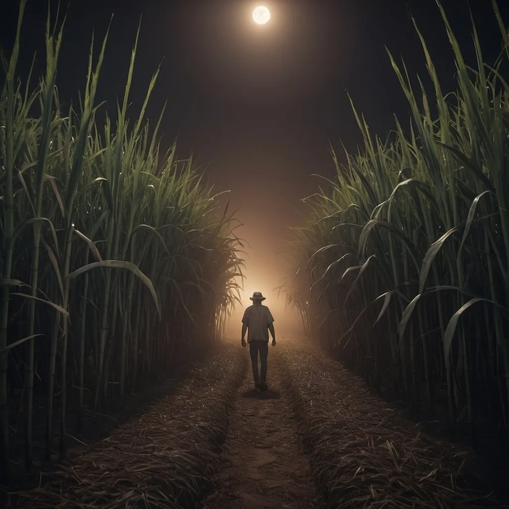 Prompt: A Vejigante in a sugarcane field at night, and fluid movement that leaves a fleeting trail of smoke while generating a light fog around it, photorealistic photo, 8k, character design, hyperrealistic, unreal engine render, highly detailed, ultra-realistic, octane render, horror film look, hyperrealistic and cinematic, atmospheric light, hyper detail, front view, dramatic shot, octane render, 4k, photo, wide shot, great detail, horror mood, cinematic look, Horror film, horror mood, horror look, Interior wide shot, night light, cinematic lighting, very detailed, hyper-realistic, hyperreal, anti-aliasing, Wide Shot.