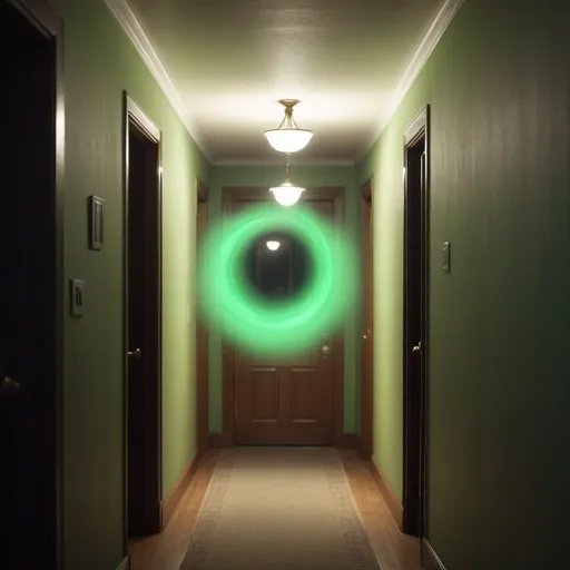 Prompt: A little green ghostly lens floats in the air in a residential hallway, 4k, photo, wide shot, great detail, horror mood, cinematic look, Horror film, horror mood, horror look, Interior wide shot, night light, cinematic lighting, very detailed, hyper-realistic, hyperreal, anti-aliasing, intricate details, maximum detail, ultra-detailed, volumetric lighting, soft lighting 8k, HDR, ultra-detailed.