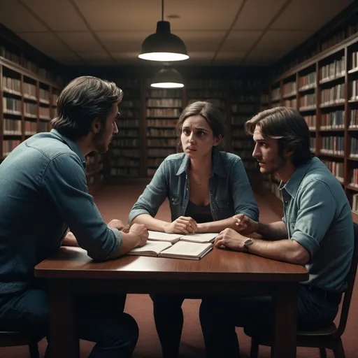 Prompt: Two men in their 20s talking to a worried woman in her 30s in a library in 1974, photorealistic photo, 8k, character design, hyperrealistic, unreal engine render, highly detailed, ultra-realistic, octane render, horror film look, hyperrealistic and cinematic, atmospheric light, hyper detail, front view, dramatic shot, octane render, 4k, photo, wide shot, great detail, horror mood, cinematic look, Horror film, horror mood, horror look, Interior wide shot, night light, cinematic lighting, very detailed, hyper-realistic, hyperreal, anti-aliasing, Wide Shot.