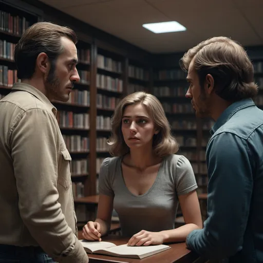 Prompt: Two men in their 20s talking to a worried woman in her 30s in a library in 1974, photorealistic photo, 8k, character design, hyperrealistic, unreal engine render, highly detailed, ultra-realistic, octane render, horror film look, hyperrealistic and cinematic, atmospheric light, hyper detail, front view, dramatic shot, octane render, 4k, photo, wide shot, great detail, horror mood, cinematic look, Horror film, horror mood, horror look, Interior wide shot, night light, cinematic lighting, very detailed, hyper-realistic, hyperreal, anti-aliasing, Wide Shot.