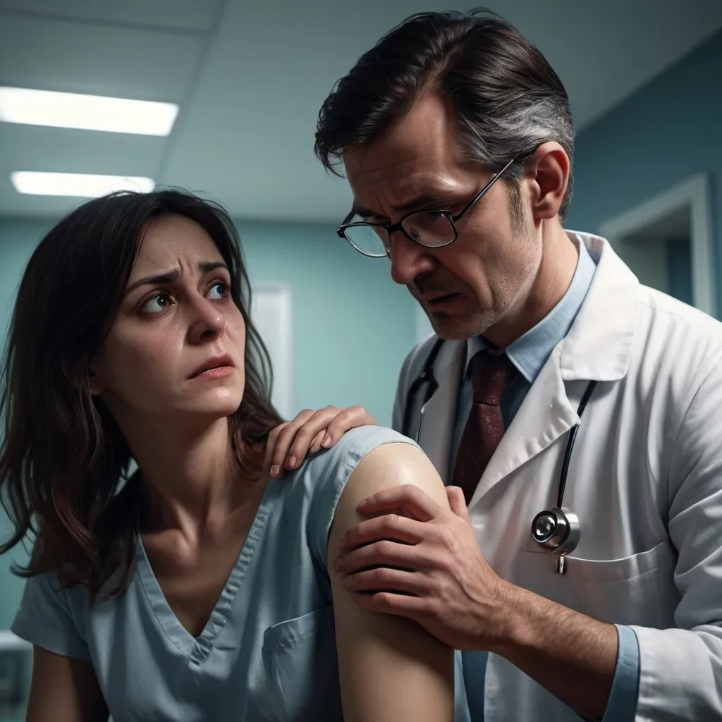 Prompt: A male doctor checking a bruise on the arm of a scared woman in her 30s in a hospital in 1974, photorealistic photo, 8k, character design, hyperrealistic, unreal engine render, highly detailed, ultra-realistic, octane render, horror film look, hyperrealistic and cinematic, atmospheric light, hyper detail, front view, dramatic shot, octane render, 4k, photo, wide shot, great detail, horror mood, cinematic look, Horror film, horror mood, horror look, Interior wide shot, night light, cinematic lighting, very detailed, hyper-realistic, hyperreal, anti-aliasing, Wide Shot.