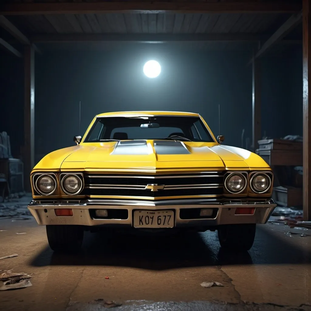 Prompt: Inside shot of a yellow 1968 Chevrolet Chevelle, horror film, with moonlight, photorealistic photo, 8k, hyperrealism, hyperrealistic, unreal engine render, highly detailed, ultra-realistic, octane render, horror film look, hyperrealistic and cinematic, atmospheric light, hyper detail, front view, dramatic shot, octane render, 4k, photo, wide shot, great detail, horror mood, cinematic look, Horror film, horror mood, horror look, Interior wide shot, night light, cinematic lighting, very detailed, hyper-realistic, hyperreal, anti-aliasing, intricate details, maximum detail, ultra-detailed, volumetric lighting, soft lighting 8k, HDR, ultra-detailed.