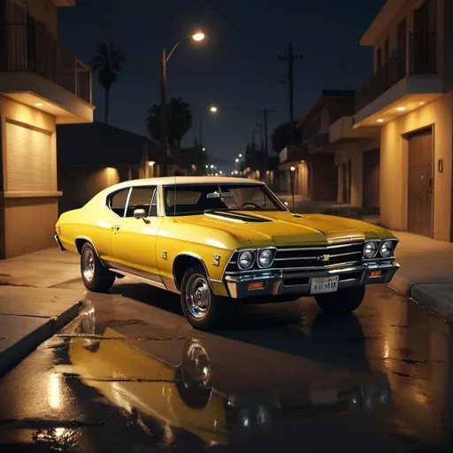 Prompt: Interior shot of a yellow 1968 Chevrolet Chevelle wit driver and copilot, streets of Los Angeles at night, horror film, with moonlight, photorealistic photo, 8k, hyperrealism, hyperrealistic, unreal engine render, highly detailed, ultra-realistic, octane render, horror film look, hyperrealistic and cinematic, atmospheric light, hyper detail, front view, dramatic shot, octane render, 4k, photo, wide shot, great detail, horror mood, cinematic look, Horror film, horror mood, horror look, Interior wide shot, night light, cinematic lighting, very detailed, hyper-realistic, hyperreal, anti-aliasing, intricate details, maximum detail, ultra-detailed, volumetric lighting, soft lighting 8k, HDR, ultra-detailed.