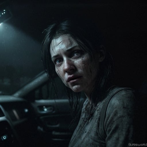 Prompt: An interior shot captures a woman inside her car through a dark hurricane night in 1989, scared, with tears streaming down her face, and the hand of a gray alien outside of the window, set on a lonely road, illuminated only by her car's headlights, creepy, horror film, with moonlight, photorealistic photo, 8k, hyperrealism, hyperrealistic, unreal engine render, highly detailed, ultra-realistic, octane render, horror film look, hyperrealistic and cinematic, atmospheric light, hyper detail, front view, dramatic shot, octane render, 4k, photo, wide shot, great detail, horror mood, cinematic look, Horror film, horror mood, horror look, Interior wide shot, night light, cinematic lighting, very detailed, hyper-realistic, hyperreal, anti-aliasing, intricate details, maximum detail, ultra-detailed, volumetric lighting, soft lighting 8k, HDR, ultra-detailed.