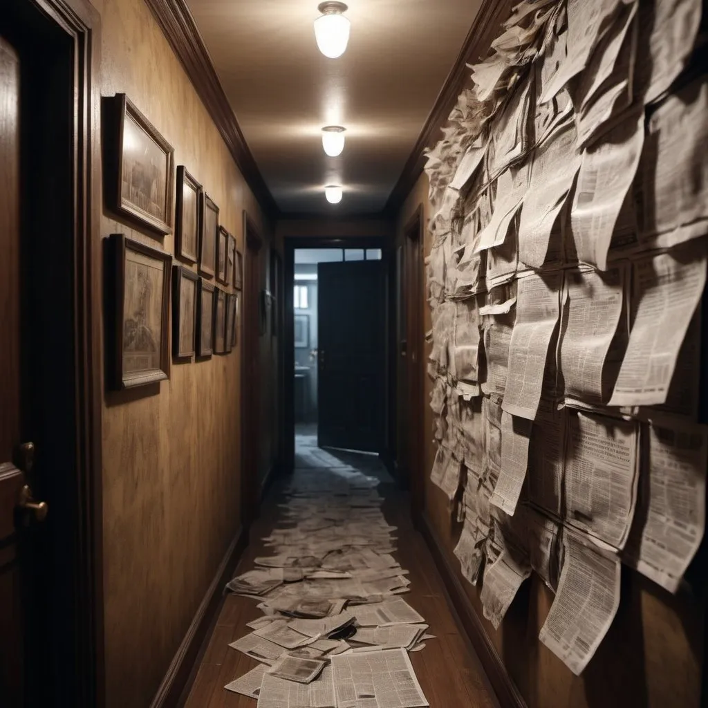 Prompt: House hallway walls are covered with old and sticky newspapers, 4k, photo, wide shot, great detail, horror mood, cinematic look, Horror film, horror mood, horror look, Interior wide shot, night light, cinematic lighting, very detailed, hyper-realistic, hyperreal, anti-aliasing, intricate details, maximum detail, ultra-detailed, volumetric lighting, soft lighting 8k, HDR, ultra-detailed.