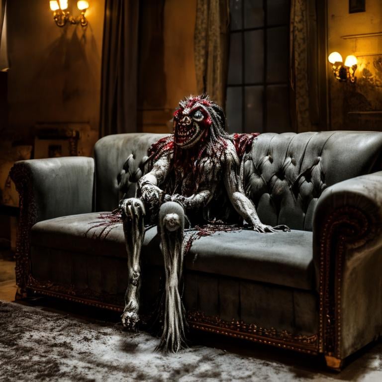 Prompt: A Melting Zombie on a couch. Horror film, horror mood, horror look Interior wide shot, night light, cinematic lighting, very detailed, hyper-realistic, hyperreal, anti-aliasing, intricate details, maximum detail, ultra-detailed, volumetric lighting, soft lighting 8k, HDR, ultra-detailed photography.