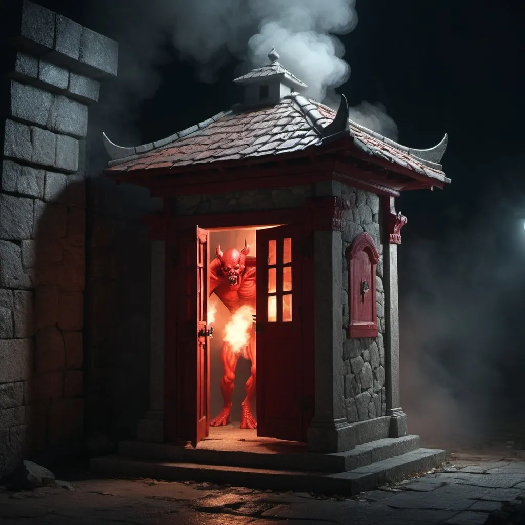 Prompt: A red demon inside a stone sentry box at night in Puerto Rico, and fluid movement that leaves a fleeting trail of smoke while generating a light fog around it, photorealistic photo, 8k, character design, hyperrealistic, unreal engine render, highly detailed, ultra-realistic, octane render, horror film look, hyperrealistic and cinematic, atmospheric light, hyper detail, front view, dramatic shot, octane render, 4k, photo, wide shot, great detail, horror mood, cinematic look, Horror film, horror mood, horror look, Interior wide shot, night light, cinematic lighting, very detailed, hyper-realistic, hyperreal, anti-aliasing, Wide Shot.