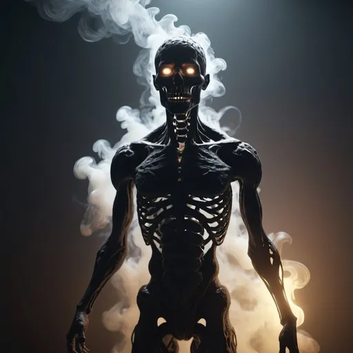 Prompt: A humanoid entity composed of dense smoke or mist, with a dark, amorphous silhouette, small bright eyes like those of an animal at night, and fluid movement that leaves a fleeting trail of smoke while generating a light fog around it, photorealistic photo, 8k, character design, hyperrealistic, unreal engine render, highly detailed, ultra-realistic, octane render, horror film look, hyperrealistic and cinematic, atmospheric light, hyper detail, front view, dramatic shot, octane render, 4k, photo, wide shot, great detail, horror mood, cinematic look, Horror film, horror mood, horror look, Interior wide shot, night light, cinematic lighting, very detailed, hyper-realistic, hyperreal, anti-aliasing, Wide Shot.