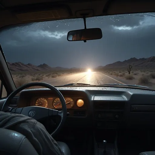 Prompt: An exterior shot in a car in the middle of a heavy WIND and RAIN hurricane night in 1989, set on a lonely desolated desert-like road, a woman inside scared illuminated only by the car's headlights, horror film, with moonlight, photorealistic photo, 8k, hyperrealism, hyperrealistic, unreal engine render, highly detailed, ultra-realistic, octane render, horror film look, hyperrealistic and cinematic, atmospheric light, hyper detail, front view, dramatic shot, octane render, 4k, photo, wide shot, great detail, horror mood, cinematic look, Horror film, horror mood, horror look, Interior wide shot, night light, cinematic lighting, very detailed, hyper-realistic, hyperreal, anti-aliasing, intricate details, maximum detail, ultra-detailed, volumetric lighting, soft lighting 8k, HDR, ultra-detailed.