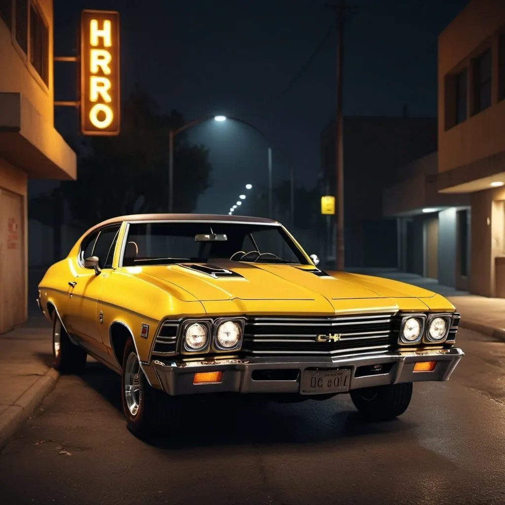 Prompt: Interior shot of a yellow 1968 Chevrolet Chevelle with driver and copilot, streets of Los Angeles at night, horror film, with moonlight, photorealistic photo, 8k, hyperrealism, hyperrealistic, unreal engine render, highly detailed, ultra-realistic, octane render, horror film look, hyperrealistic and cinematic, atmospheric light, hyper detail, front view, dramatic shot, octane render, 4k, photo, wide shot, great detail, horror mood, cinematic look, Horror film, horror mood, horror look, Interior wide shot, night light, cinematic lighting, very detailed, hyper-realistic, hyperreal, anti-aliasing, intricate details, maximum detail, ultra-detailed, volumetric lighting, soft lighting 8k, HDR, ultra-detailed.