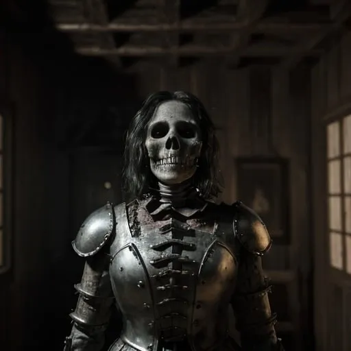 Prompt: A spanish conquistador skull zombie dressed in a 1400s spanish conquistador armor inside a wooden house at night, creepy, Horror film, moonlight, photorealistic photo, 8k, hyperrealism, hyperrealistic, unreal engine render, highly detailed, ultra-realistic, octane render, horror film look, hyperrealistic and cinematic, atmospheric light, hyper detail, front view, dramatic shot, octane render, 4k, photo, wide shot, great detail, horror mood, cinematic look, Horror film, horror mood, horror look, Interior wide shot, night light, cinematic lighting, very detailed, hyper-realistic, hyperreal, anti-aliasing, intricate details, maximum detail, ultra-detailed, volumetric lighting, soft lighting 8k, HDR, ultra-detailed.