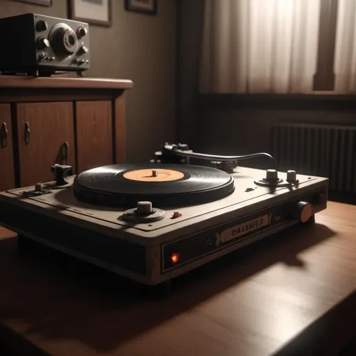 Prompt:  An old turntable from 1974, photorealistic photo, 8k, character design, hyperrealistic, unreal engine render, highly detailed, ultra-realistic, octane render, horror film look, hyperrealistic and cinematic, atmospheric light, hyper detail, front view, dramatic shot, octane render, 4k, photo, wide shot, great detail, horror mood, cinematic look, Horror film, horror mood, horror look, Interior wide shot, night light, cinematic lighting, very detailed, hyper-realistic, hyperreal, anti-aliasing, Wide Shot.