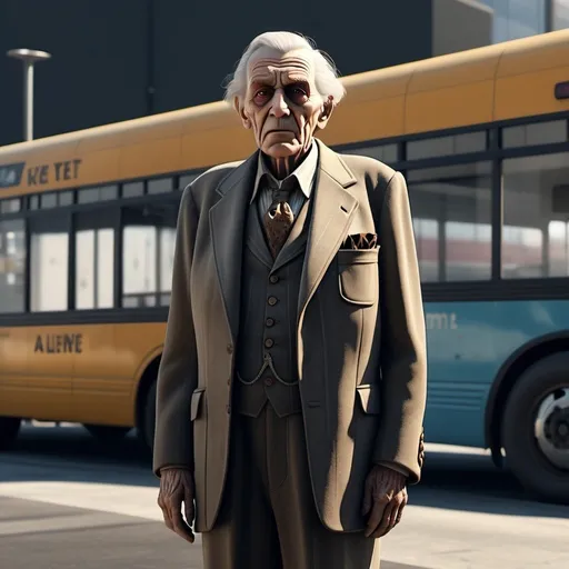 Prompt: In the sunshine of 1974, a creepy elderly guy dressed in Victorian attire stood in front of a bus station in Los Angeles, photorealistic photo, 8k, hyperrealism, hyperrealistic, unreal engine render, highly detailed, ultra-realistic, octane render, horror film look, hyperrealistic and cinematic, atmospheric light, hyper detail, front view, dramatic shot, octane render, 4k, photo, wide shot, great detail, horror mood, cinematic look, Horror film, horror mood, horror look, Interior wide shot, night light, cinematic lighting, very detailed, hyper-realistic, hyperreal, anti-aliasing, Wide Shot.