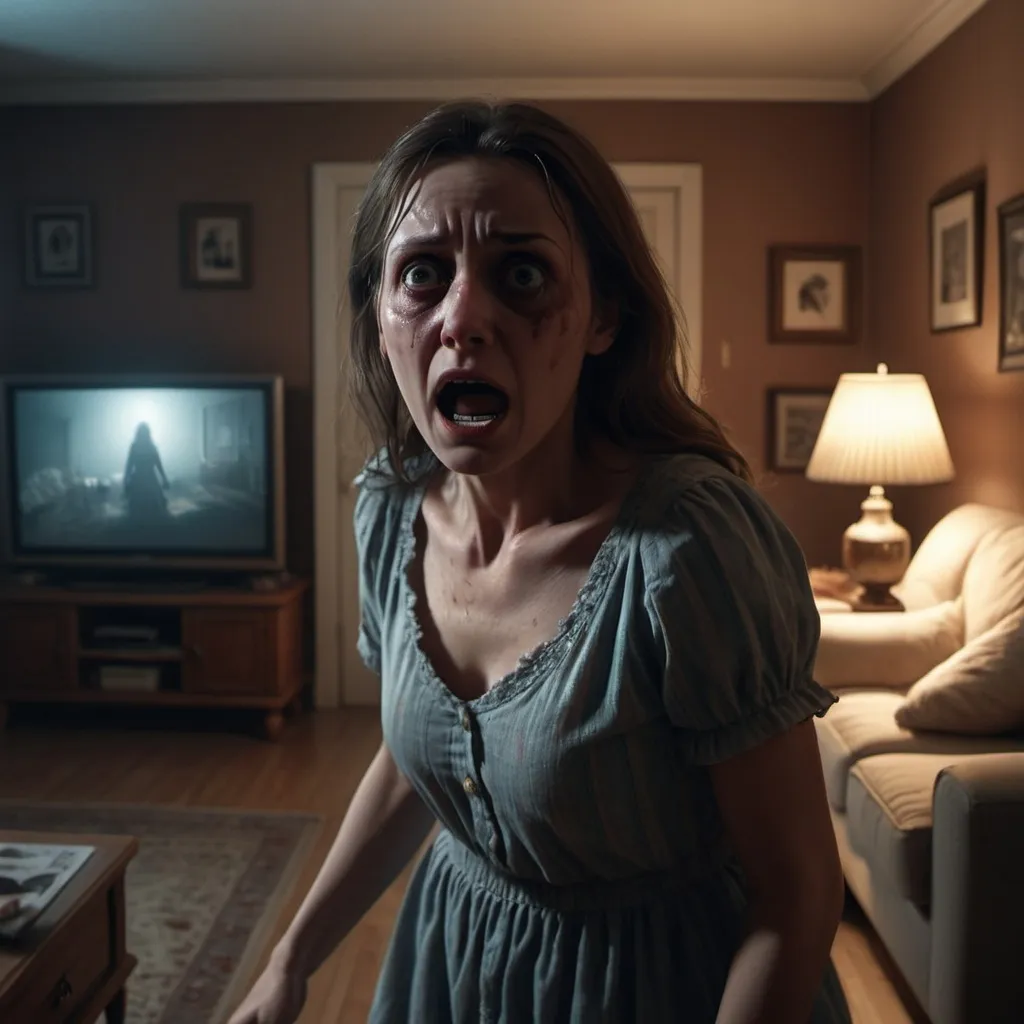 Prompt: A scared woman in her 30s in her living room experiencing a poltergeist in 1974, photorealistic photo, 8k, character design, hyperrealistic, unreal engine render, highly detailed, ultra-realistic, octane render, horror film look, hyperrealistic and cinematic, atmospheric light, hyper detail, front view, dramatic shot, octane render, 4k, photo, wide shot, great detail, horror mood, cinematic look, Horror film, horror mood, horror look, Interior wide shot, night light, cinematic lighting, very detailed, hyper-realistic, hyperreal, anti-aliasing, Wide Shot.