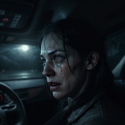 Prompt: A full exterior shot of a crying while driving a car in the middle of a storm night while a UFO can be seen in the sky, creepy, Horror film, moonlight, photorealistic photo, 8k, hyperrealism, hyperrealistic, unreal engine render, highly detailed, ultra-realistic, octane render, horror film look, hyperrealistic and cinematic, atmospheric light, hyper detail, front view, dramatic shot, octane render, 4k, photo, wide shot, great detail, horror mood, cinematic look, Horror film, horror mood, horror look, Interior wide shot, night light, cinematic lighting, very detailed, hyper-realistic, hyperreal, anti-aliasing, intricate details, maximum detail, ultra-detailed, volumetric lighting, soft lighting 8k, HDR, ultra-detailed.