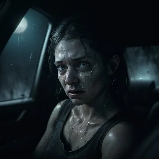 Prompt: An interior shot captures a woman inside her car through a dark hurricane night in 1989, scared, with tears streaming down her face, and the hand of a gray alien outside of the window, set on a lonely road, illuminated only by her car's headlights, creepy, horror film, with moonlight, photorealistic photo, 8k, hyperrealism, hyperrealistic, unreal engine render, highly detailed, ultra-realistic, octane render, horror film look, hyperrealistic and cinematic, atmospheric light, hyper detail, front view, dramatic shot, octane render, 4k, photo, wide shot, great detail, horror mood, cinematic look, Horror film, horror mood, horror look, Interior wide shot, night light, cinematic lighting, very detailed, hyper-realistic, hyperreal, anti-aliasing, intricate details, maximum detail, ultra-detailed, volumetric lighting, soft lighting 8k, HDR, ultra-detailed.