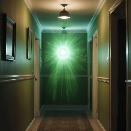 Prompt: A little green ghostly lens floats in the air in a residential hallway, 4k, photo, wide shot, great detail, horror mood, cinematic look, Horror film, horror mood, horror look, Interior wide shot, night light, cinematic lighting, very detailed, hyper-realistic, hyperreal, anti-aliasing, intricate details, maximum detail, ultra-detailed, volumetric lighting, soft lighting 8k, HDR, ultra-detailed.