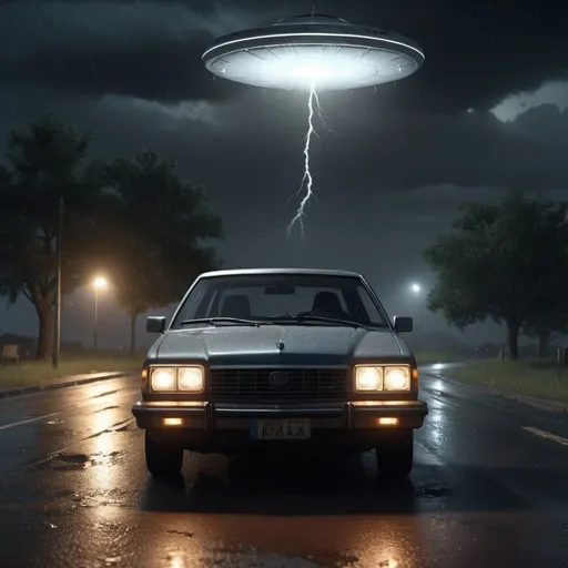 Prompt: A full exterior shot of a crying while driving a car in the middle of a storm night while a UFO can be seen in the sky in 1980, creepy, Horror film, moonlight, photorealistic photo, 8k, hyperrealism, hyperrealistic, unreal engine render, highly detailed, ultra-realistic, octane render, horror film look, hyperrealistic and cinematic, atmospheric light, hyper detail, front view, dramatic shot, octane render, 4k, photo, wide shot, great detail, horror mood, cinematic look, Horror film, horror mood, horror look, Interior wide shot, night light, cinematic lighting, very detailed, hyper-realistic, hyperreal, anti-aliasing, intricate details, maximum detail, ultra-detailed, volumetric lighting, soft lighting 8k, HDR, ultra-detailed.