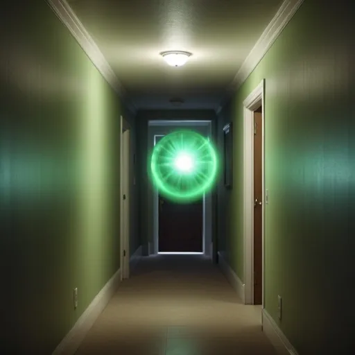 Prompt: A little green ghostly lens floats in the air in a residential hallway, 4k, photo, wide shot, great detail, horror mood, cinematic look, Horror film, horror mood, horror look, Interior wide shot, night light, cinematic lighting, very detailed, hyper-realistic, hyperreal, anti-aliasing, intricate details, maximum detail, ultra-detailed, volumetric lighting, soft lighting 8k, HDR, ultra-detailed.