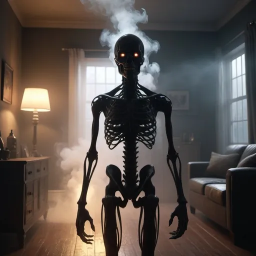 Prompt: A humanoid entity composed of dense smoke or mist, with a dark, amorphous silhouette, small bright eyes like those of an animal in a living room at night, and fluid movement that leaves a fleeting trail of smoke while generating a light fog around it, photorealistic photo, 8k, character design, hyperrealistic, unreal engine render, highly detailed, ultra-realistic, octane render, horror film look, hyperrealistic and cinematic, atmospheric light, hyper detail, front view, dramatic shot, octane render, 4k, photo, wide shot, great detail, horror mood, cinematic look, Horror film, horror mood, horror look, Interior wide shot, night light, cinematic lighting, very detailed, hyper-realistic, hyperreal, anti-aliasing, Wide Shot.