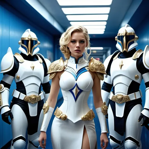 Prompt: Woman standing (((facing viewer.))) Blond hair in elaborate updo. Exquisite white dress uniform. Close up. Blue rim light. Haughty expression. 
Other people. Two men in elaborate ornate power armor 
helmets and swords stand flanking the woman. High tech hallway. (((Full length photo.))) Full figure.UHD. 8k. Hypertealistic
Analogous color scheme. Popular on deviant art. Oil paint illustration. Ryan church 