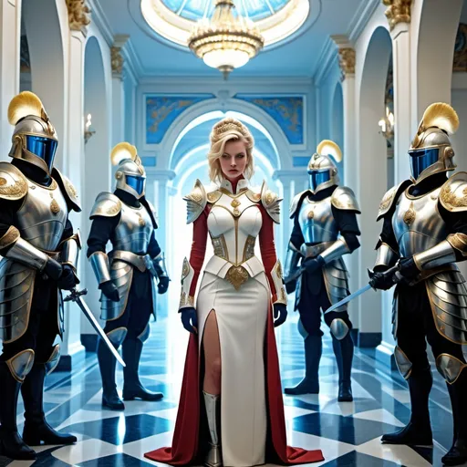 Prompt: Woman standing (((facing viewer.))) Blond hair in elaborate updo. Exquisite white dress uniform. Close up. Blue rim light. Haughty expression. 
Other people. Two men in elaborate ornate power armor 
helmets and swords stand flanking the woman. High tech hallway. (((Full length photo.))) Full figure.Head to toe. UHD. 8k. Hypertealistic
Analogous color scheme. Popular on deviant art. Oil paint illustration. Ryan church 